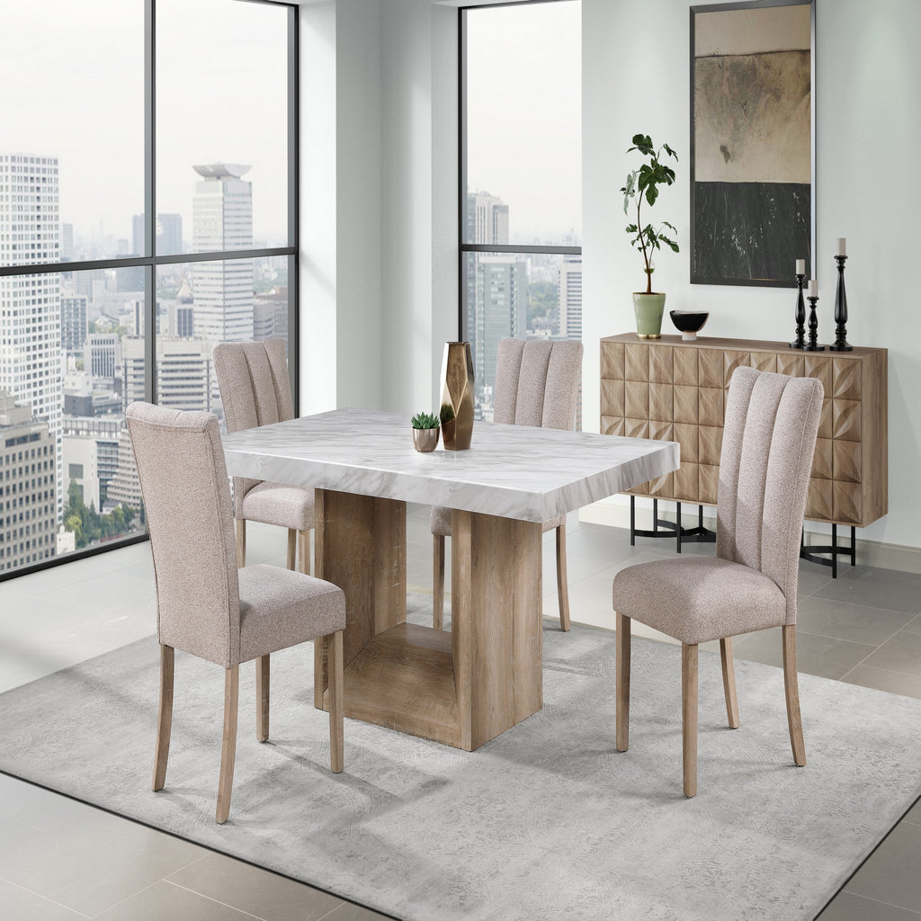 Modern Beige Dining Chair Set with rubberwood frame shown in a stylish dining room with marble table and city view.