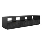 Black credenza for 80 inch TV with coastal style design, featuring three drawers and open shelves for media storage.