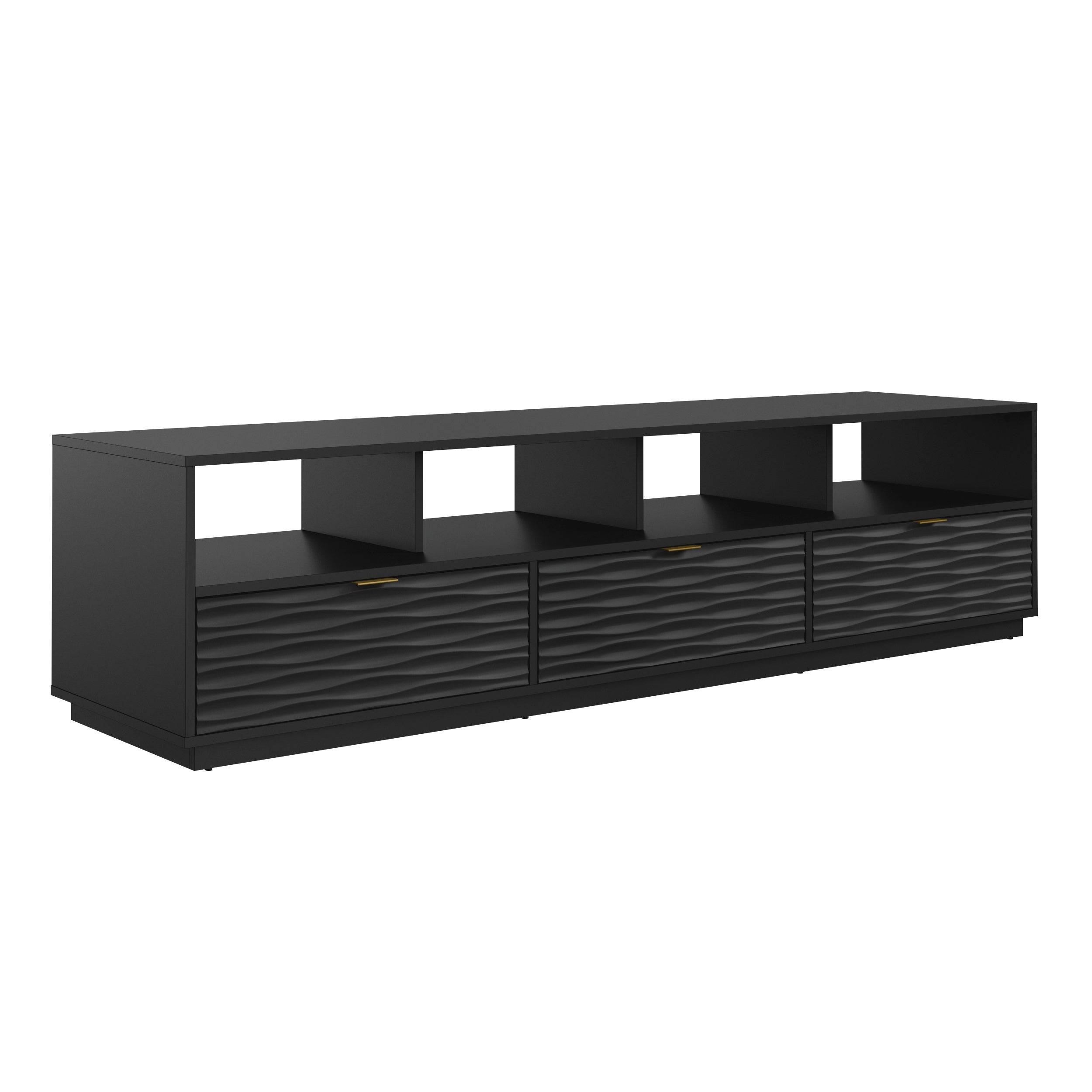 Black credenza for 80 inch TV with coastal style design, featuring three drawers and open shelves for media storage.