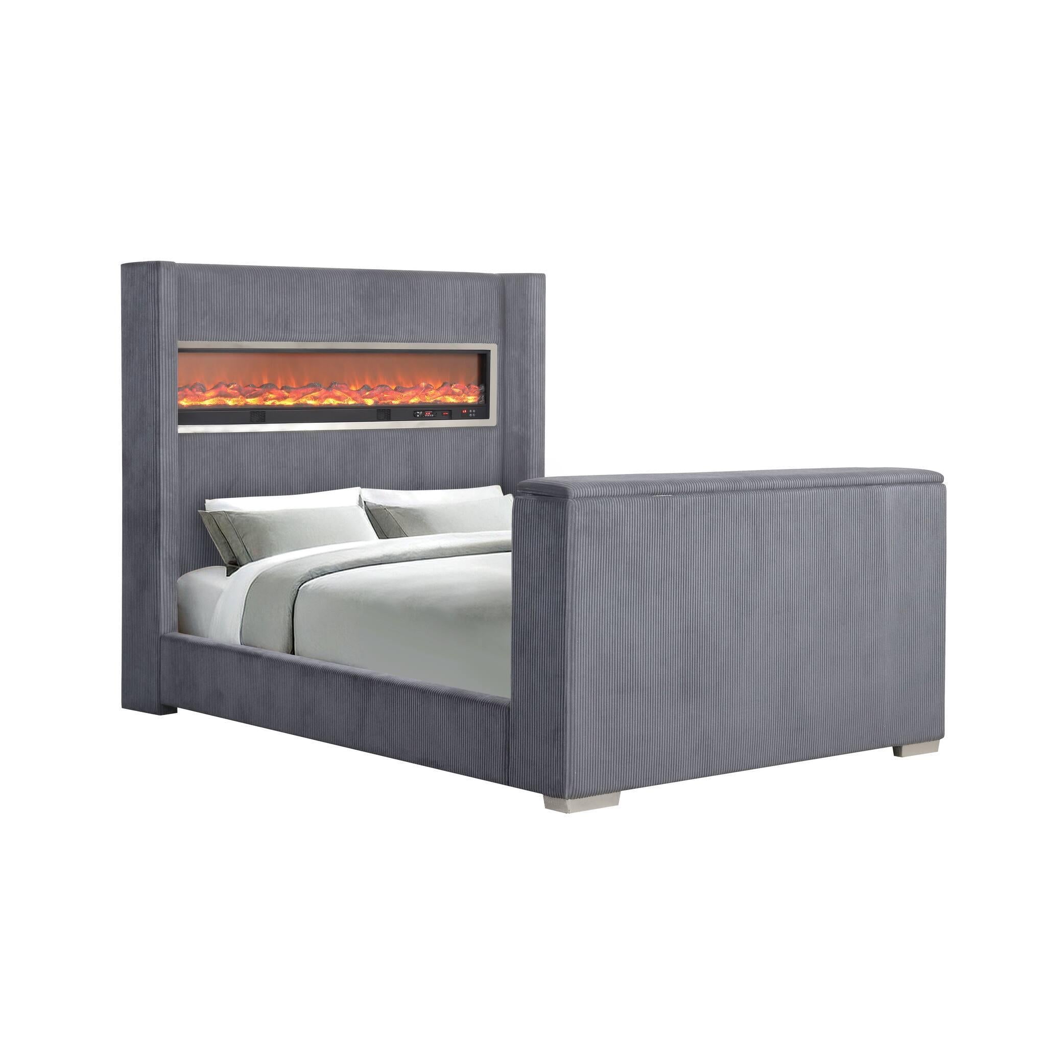 Contemporary Gray King Size Bed with TV Lift Footboard.