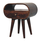 Solid Wood California Walnut Circular Bedside with 1-Drawer, Open Slot, Nordic Legs, Dark Brown.