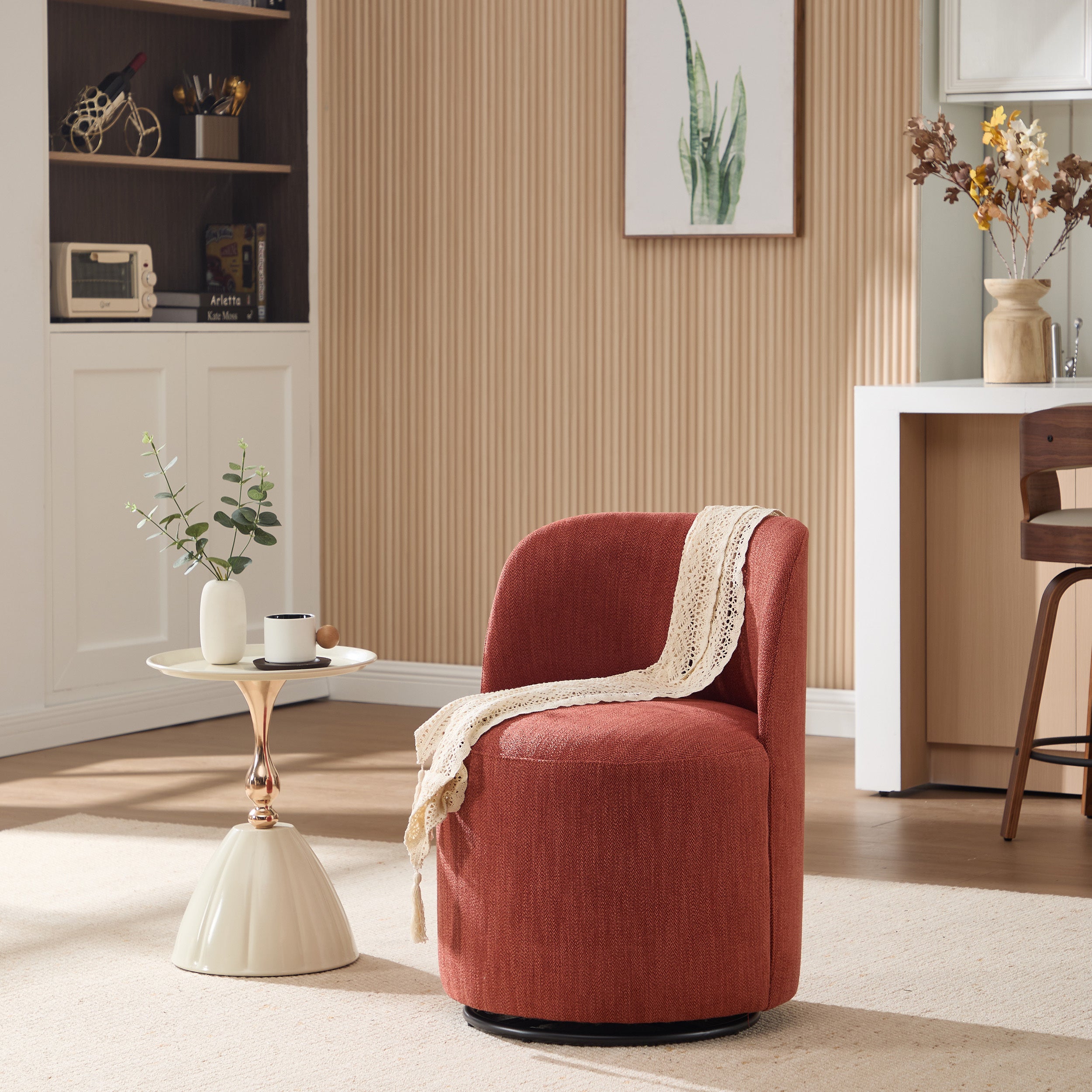 Orange Linen Barrel Dining Chair with 360 Degree Swivel Base