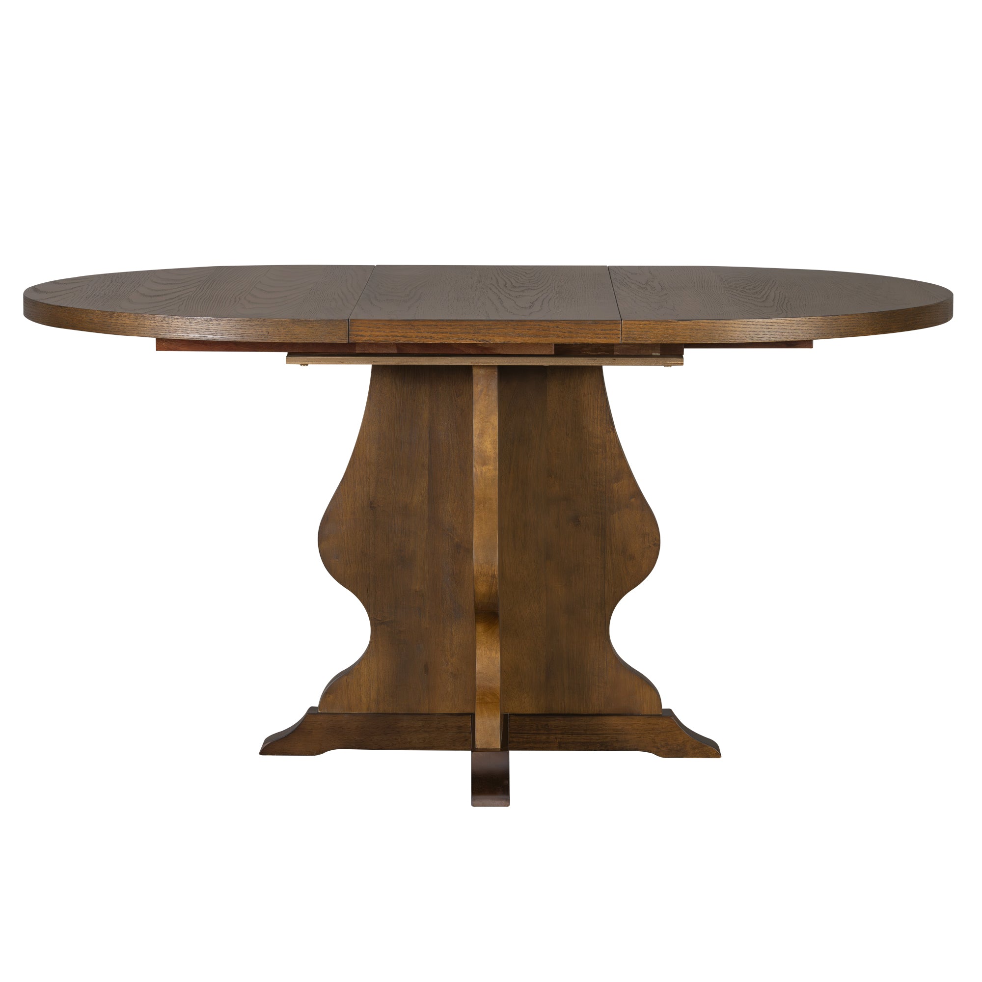 Farmhouse Dining Table Set - Trendy & Practical with extendable oval table in rustic wood finish and sculpted pedestal base.