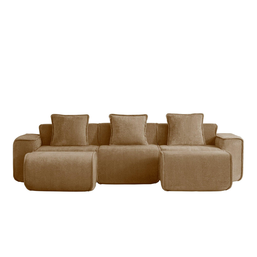 Modular Velvet Brown 3 Seat Sectional Sofa with Ottomans.