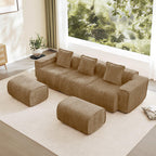 Modular Velvet Brown 3 Seat Sectional Sofa with Ottomans.