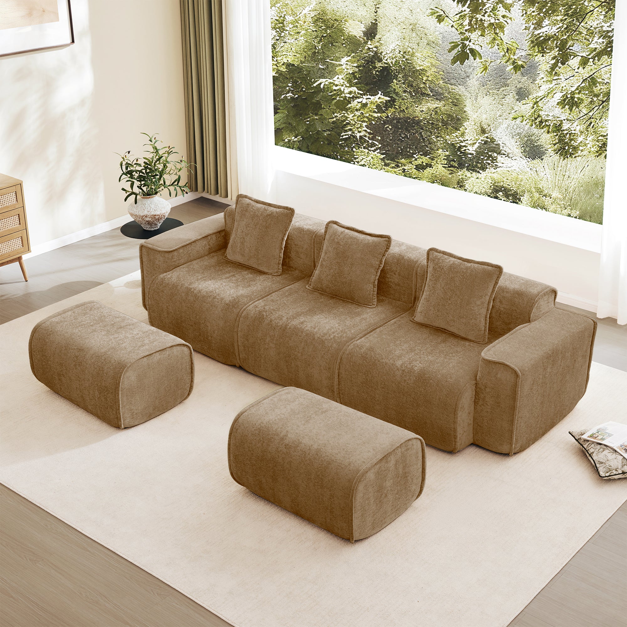Modular Velvet Sofa - Sectional U Shape in brown with 3 seats and 2 ottomans, placed in a modern living room with large windows and greenery view.