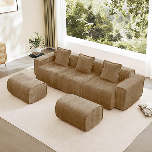 Modular Velvet Brown 3 Seat Sectional Sofa with Ottomans.