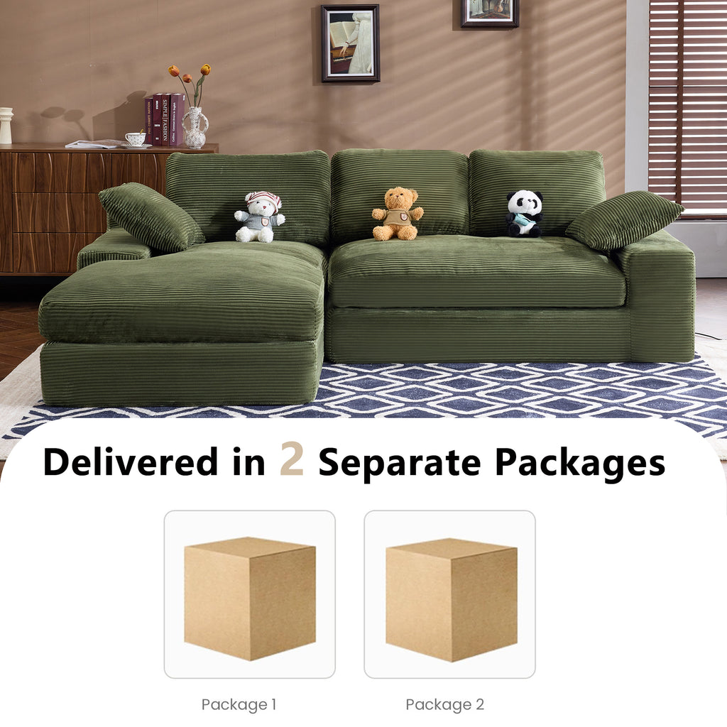 Green corduroy sofa shown with delivery info in two packages. Easy to assemble and move, perfect for small living spaces.