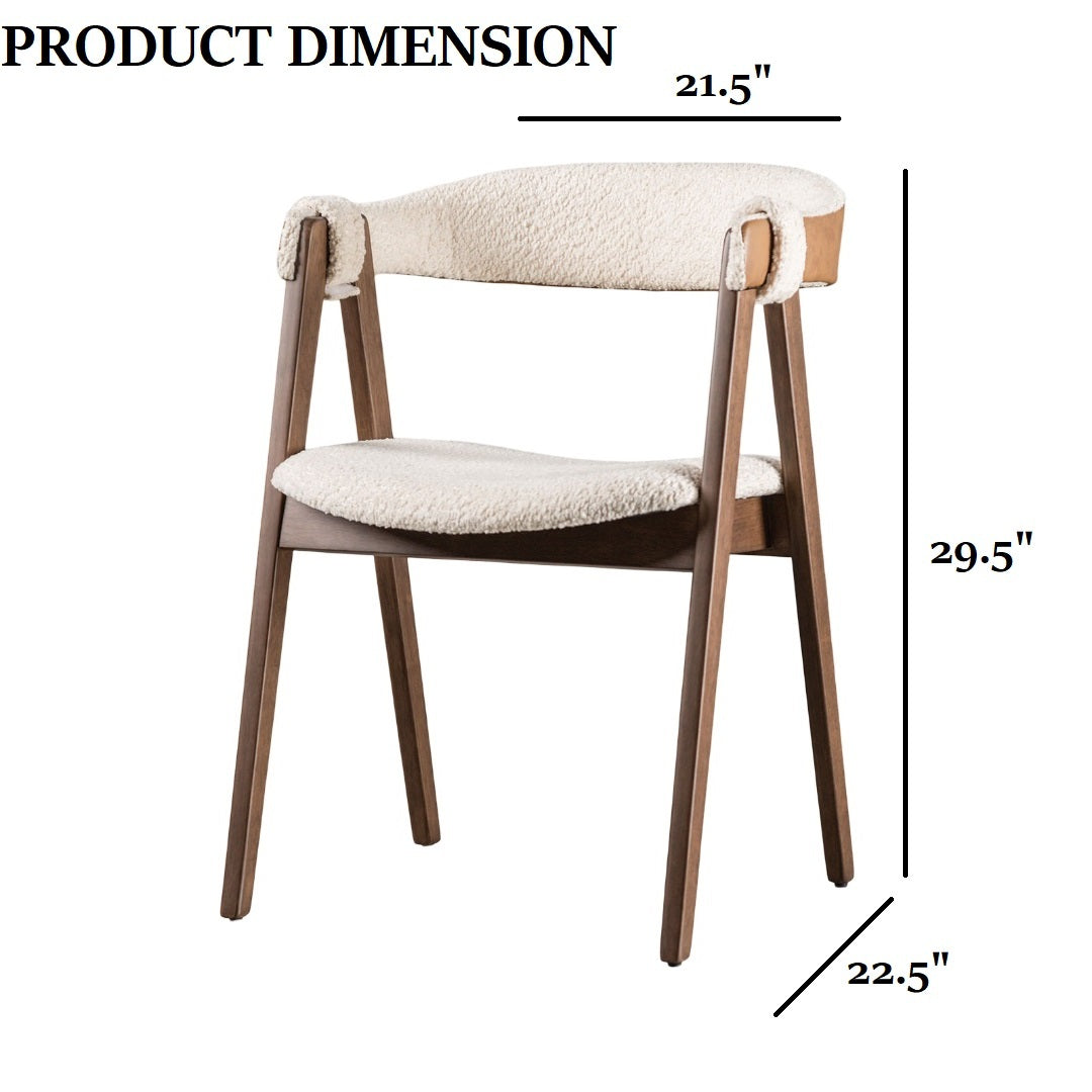 Mid-Century Modern Side Chair in Walnut & Beige with dimensions 21.5x22.5x29.5 inches, boucle fabric and curved backrest.