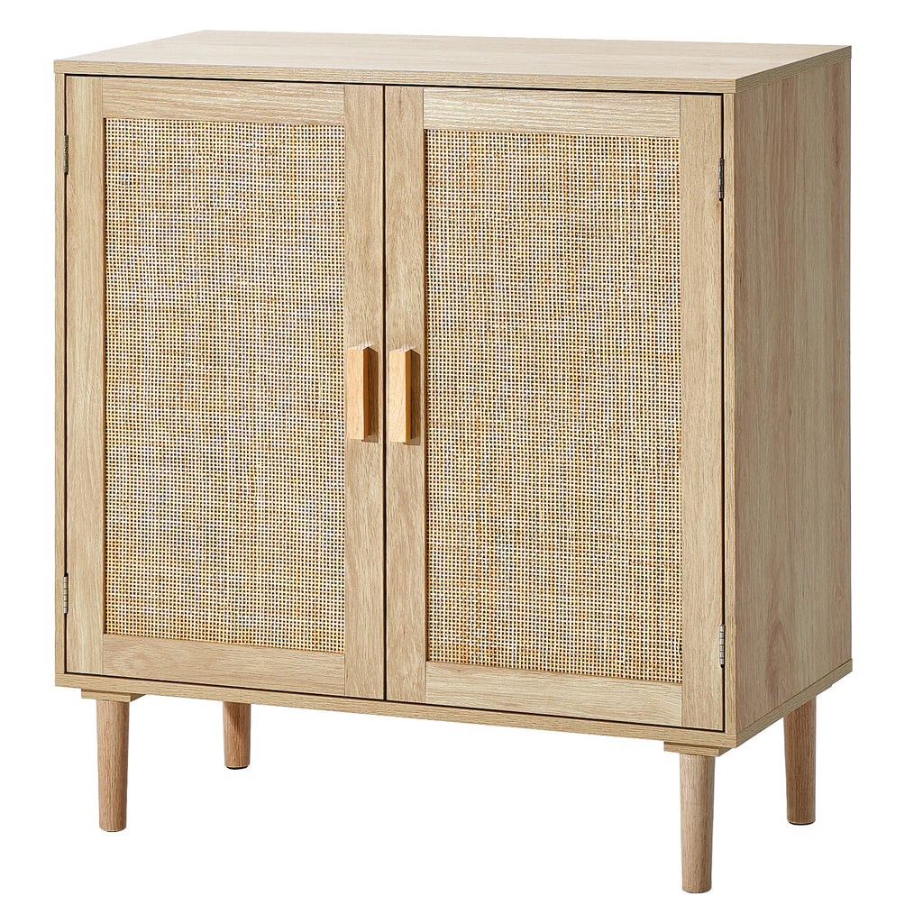 Natural wood buffet cabinet with two rattan-paneled doors, wooden handles, and tapered legs in a modern boho style.