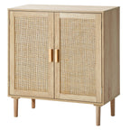 Natural wood buffet cabinet with two rattan-paneled doors, wooden handles, and tapered legs in a modern boho style.
