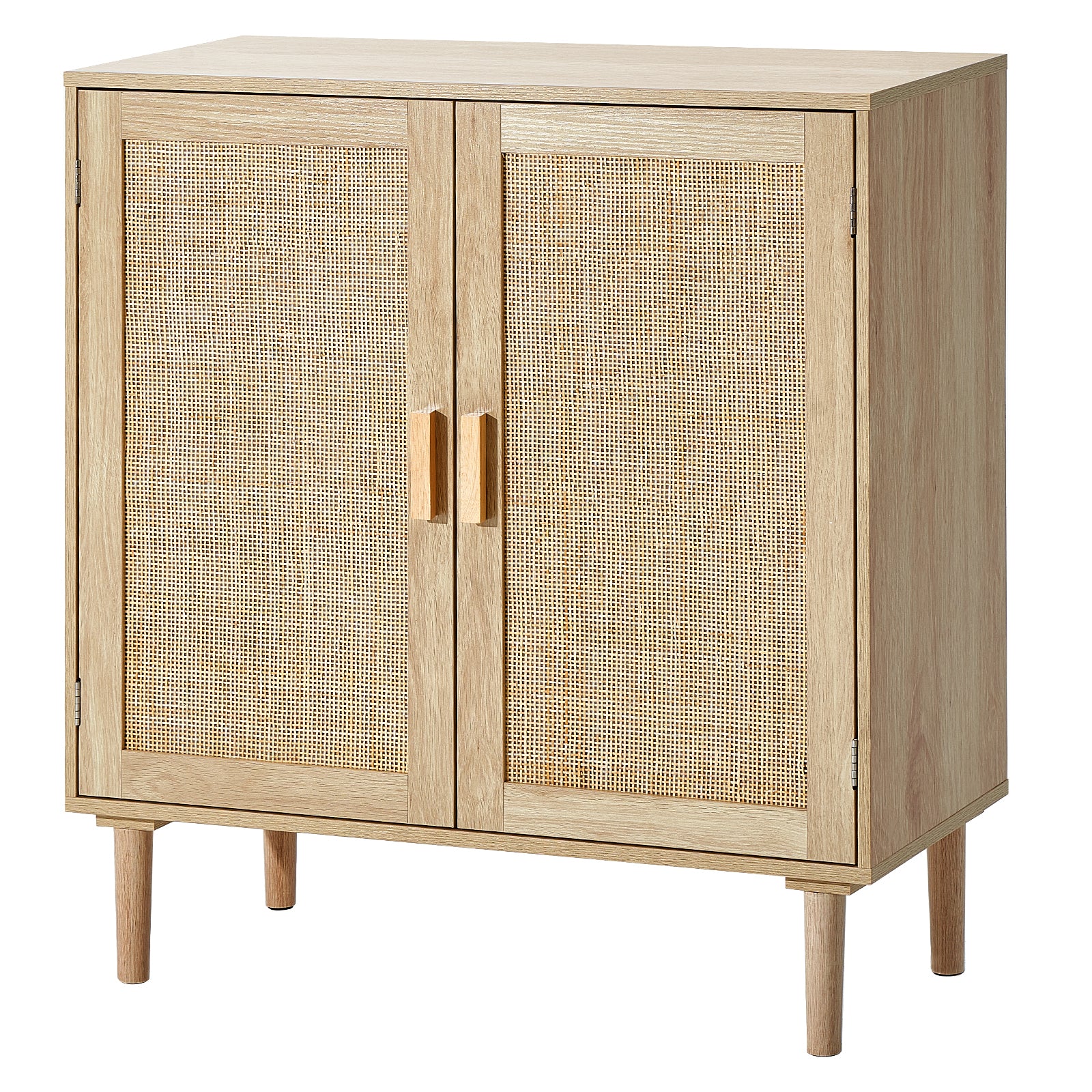 Natural wood buffet cabinet with two rattan-paneled doors, wooden handles, and tapered legs in a modern boho style.