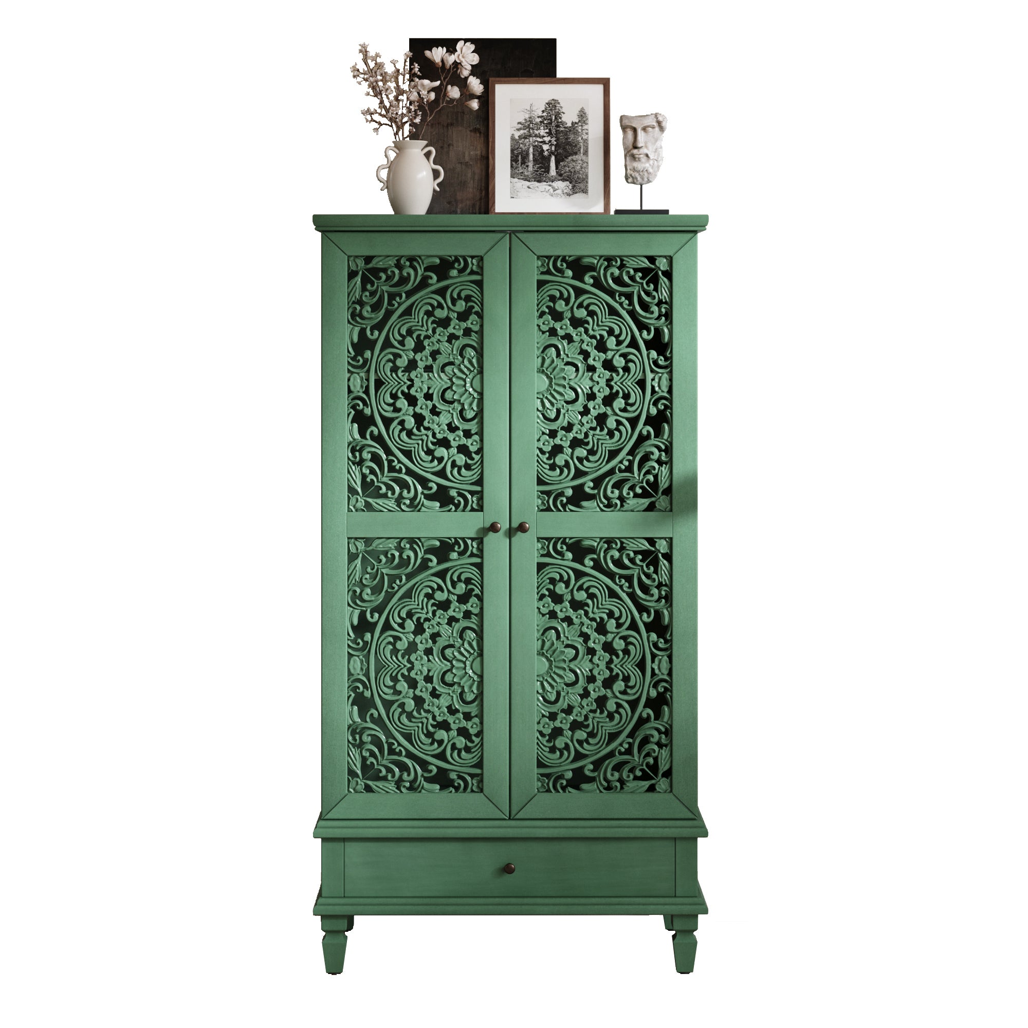 Front view of Antique Green Storage Cabinet - 55'' Tall w/ Drawer with decorative top decor and intricate carved doors.