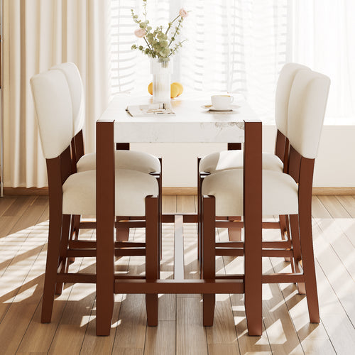 5-Piece Counter Height Dining Table Set for 4, Faux Marble Bar Table and 4 Upholstered-Seat Chairs, Mid-century Modern Dining Set for Dining Room, Pub Kitchen, Small Place (N752S000086A)