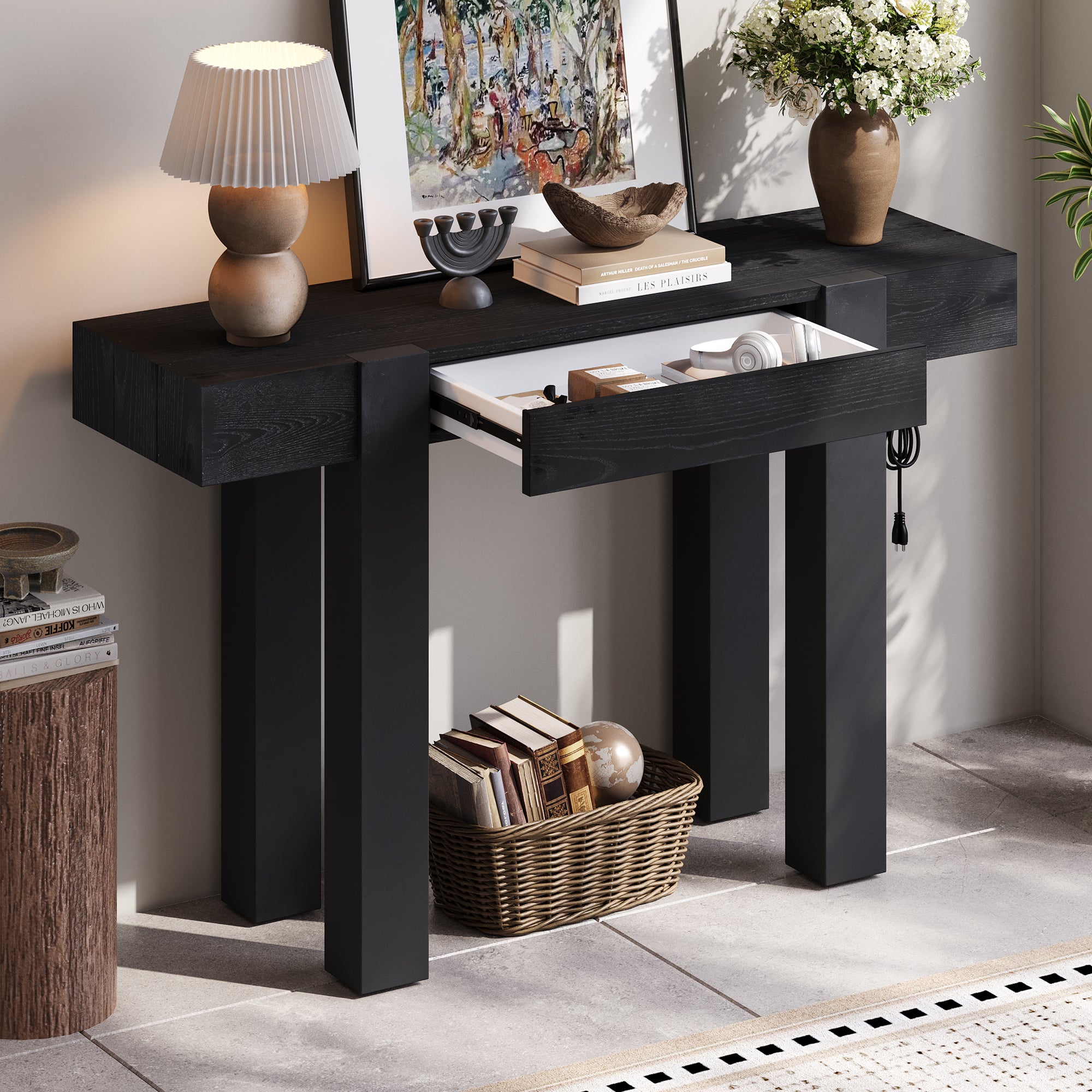 Rustic Console Table with hidden drawer and built-in power outlet in black wood finish. Ideal for entryways or living rooms with sturdy build.