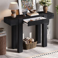 Black rustic wooden console table with a hidden drawer, side power outlet, and sturdy block legs.