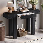 Black rustic wooden console table with a hidden drawer, side power outlet, and sturdy block legs.
