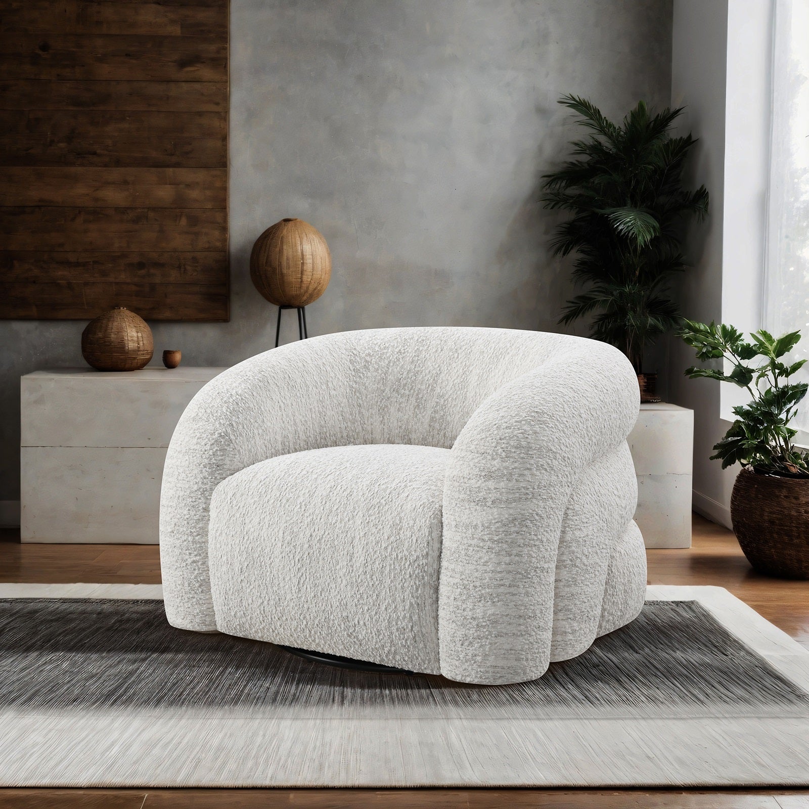 Modern living room featuring the White Swivel Chair Contemporary with sculptural form, boucle texture, and 360-degree swivel base.