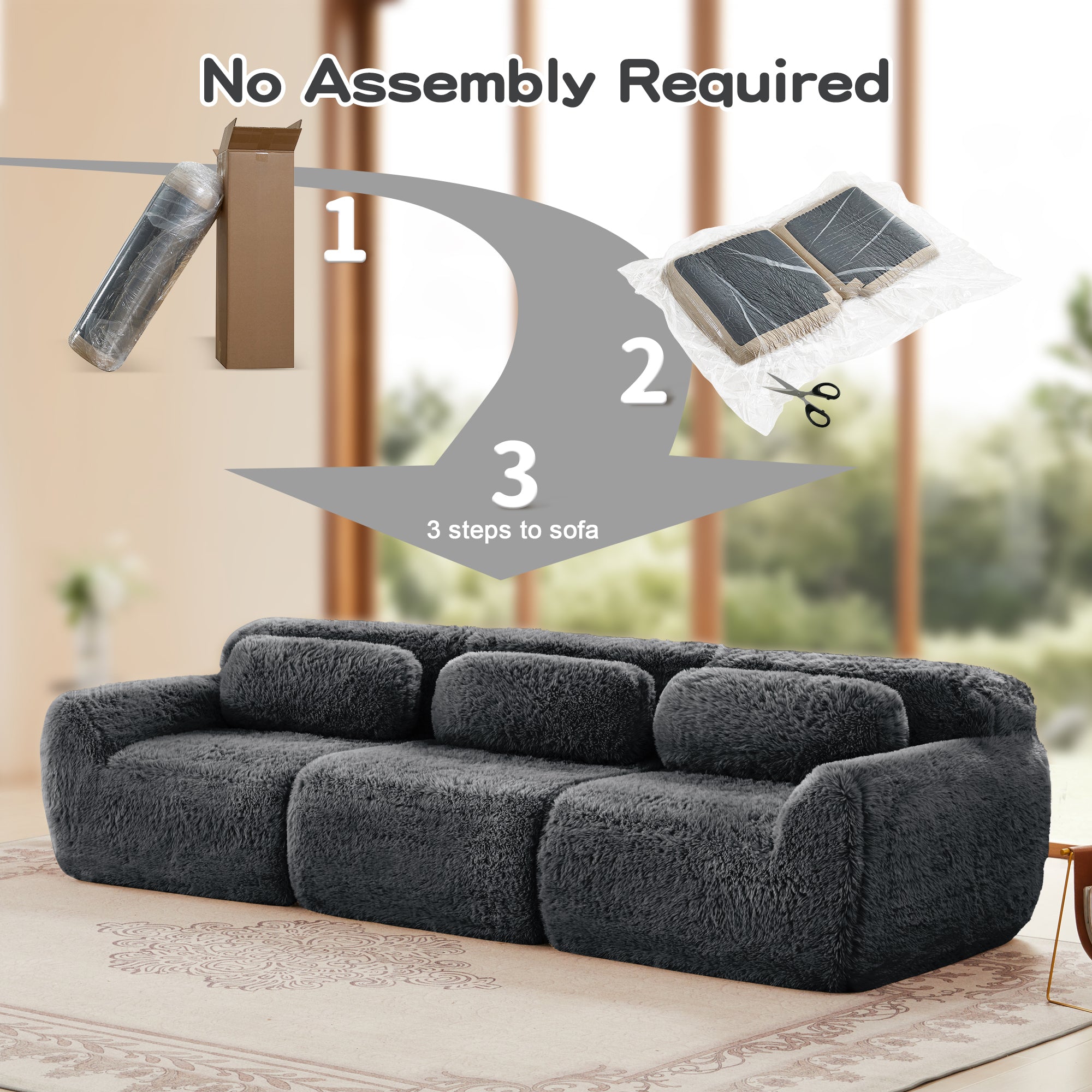 No assembly required for Modular Sectional Sofa - Comfortable & Versatile Design, featuring vacuum-sealed packaging and simple setup steps.