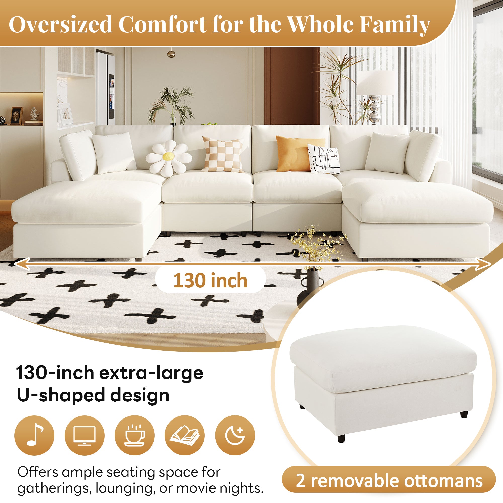 Oversized U_STYLE U-shaped sectional sofa with 2 ottomans, highlighting 130-inch width and ample seating for family comfort.