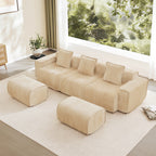 Modular Velvet Sectional Sofa - 3-Seat, No Assembly in light camel with two ottomans in a sunlit living room. Plush cushions offer cloud-like comfort.