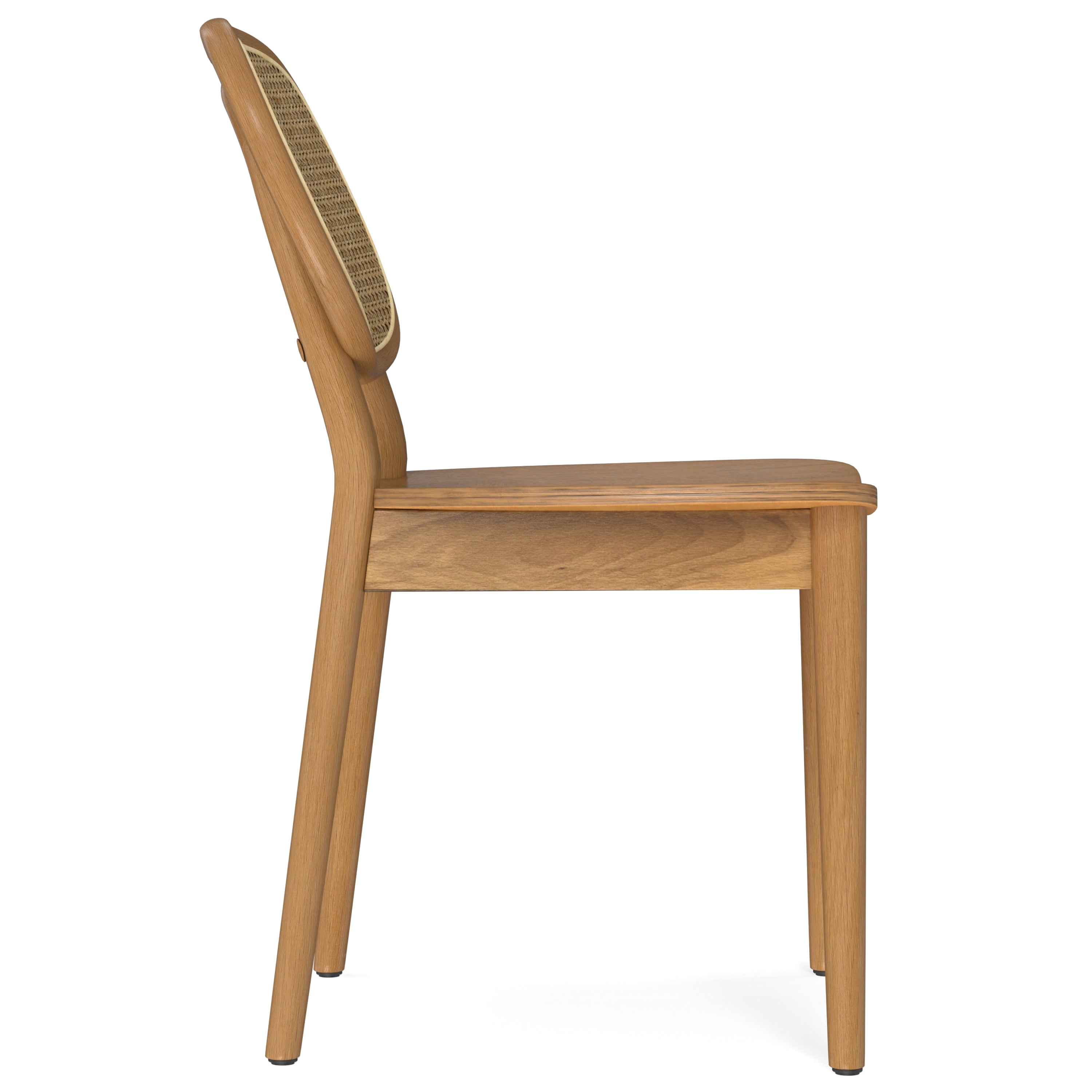 Side profile of brown rattan dining chair with ergonomic beech wood seat and curved cane backrest for comfort and style.