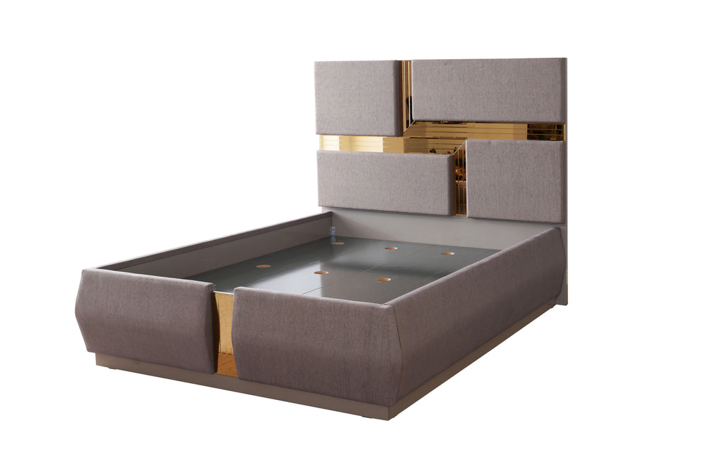 Angled view of Lorenzo Queen Bed in gray wood with geometric gold-accented headboard, showcasing modern luxury design.
