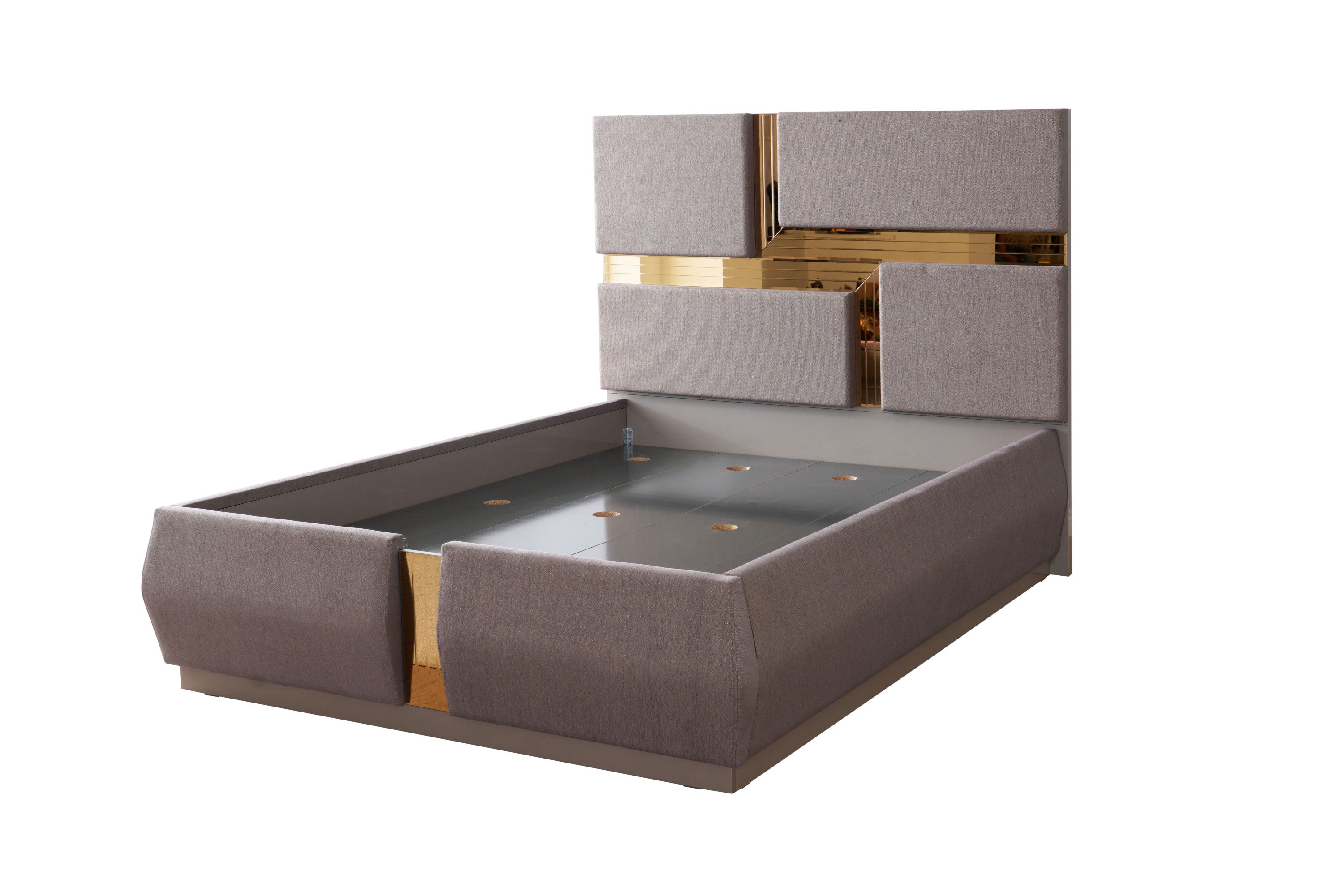 Angled view of Lorenzo Queen Bed in gray wood with geometric gold-accented headboard, showcasing modern luxury design.