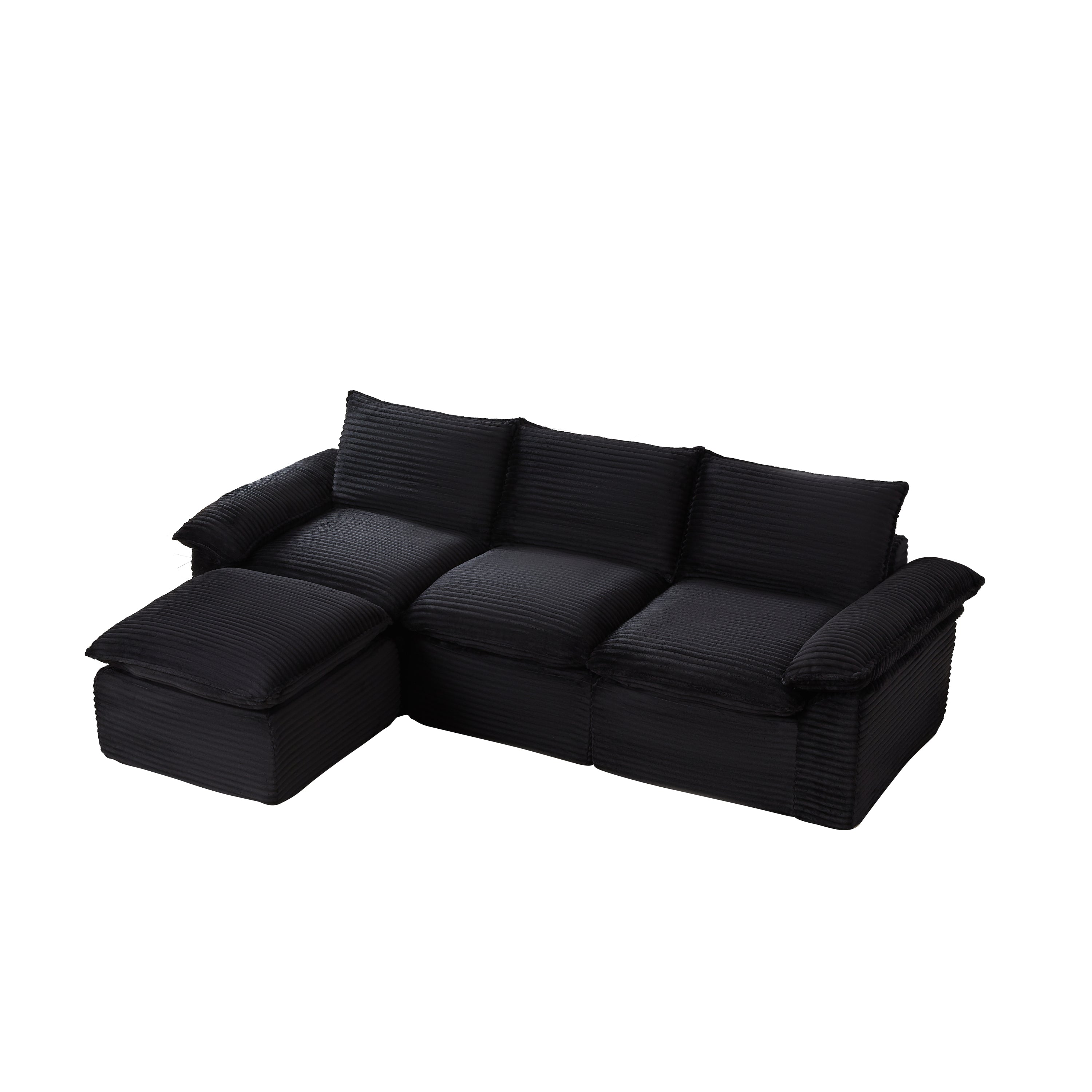 Black modular corduroy sofa with cloud-like cushions and chaise, shown isolated on white. Ideal for modern living spaces and flexible layouts.