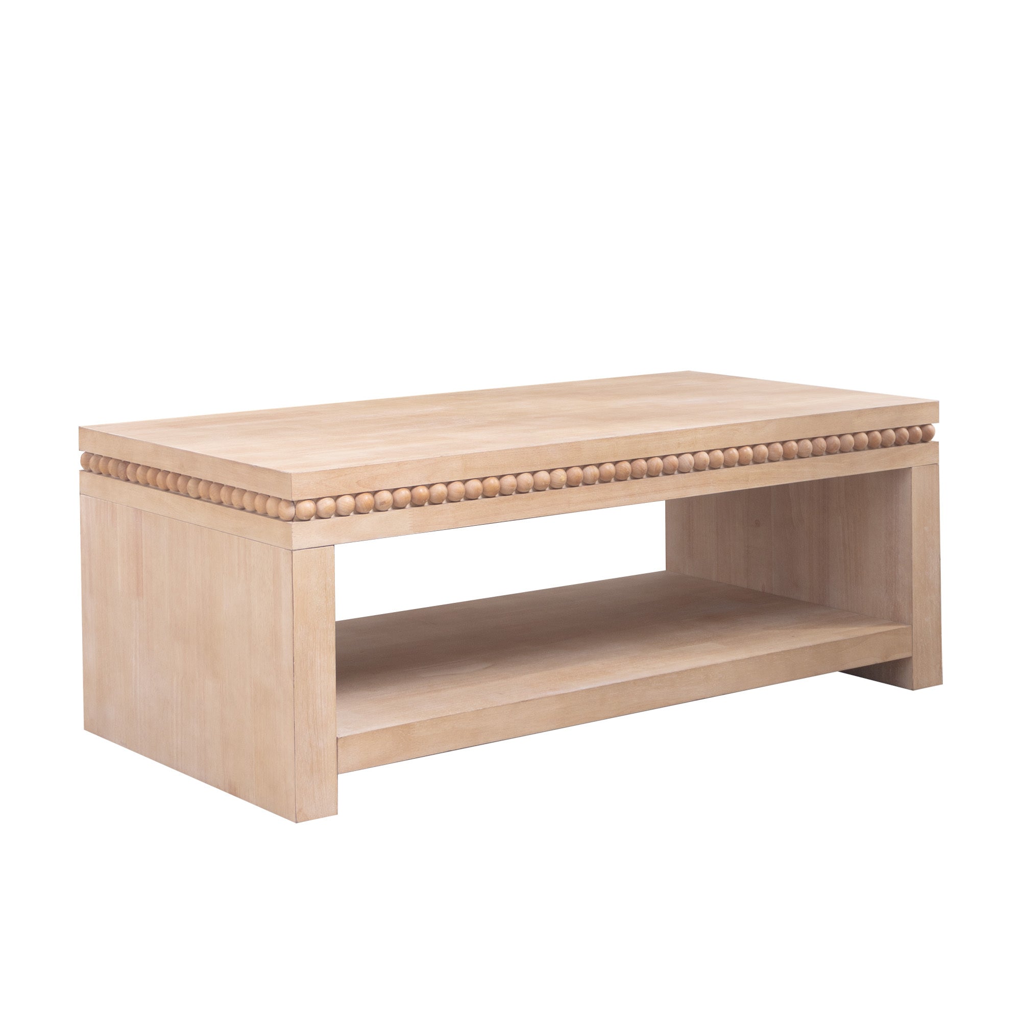 Modern wood coffee table with open storage shelf and beaded trim in light natural finish, ideal for farmhouse or coastal living room decor.