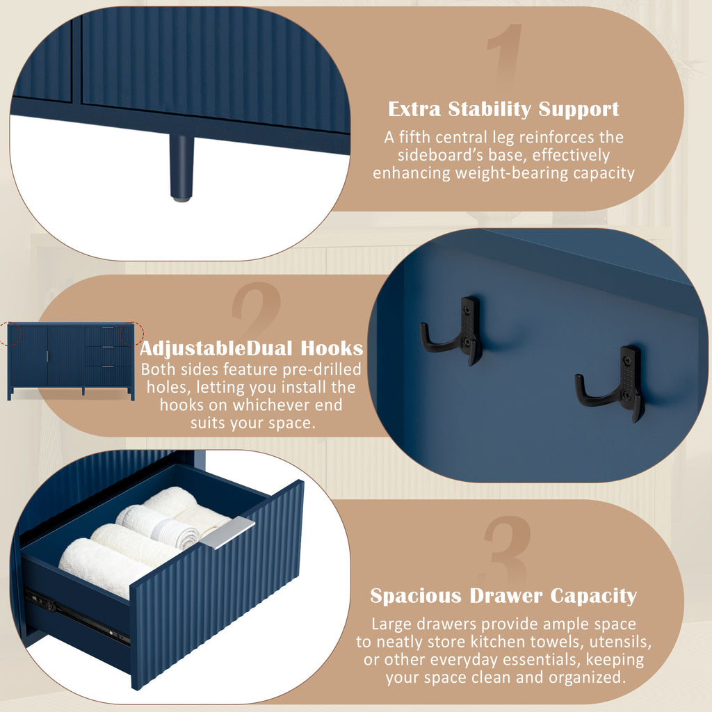 Detailed features of navy sideboard including extra stability support, dual hooks, and spacious drawer capacity for organized storage.