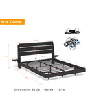 Dimensions and structure of Queen Floating Bed Frame with LED lights. Includes size guide and LED kit with USB ports and power cord.