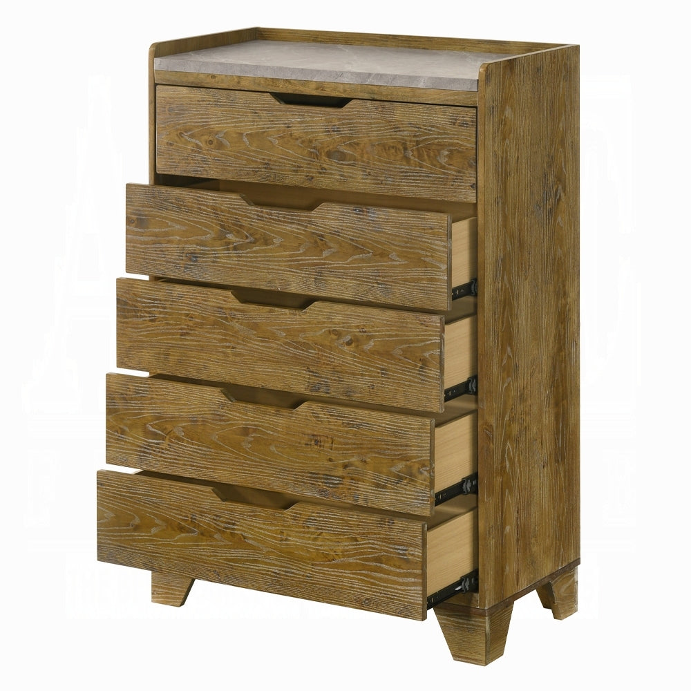 Transitional brown storage chest with drawers partially open, showing smooth side metal glides and ample interior space.