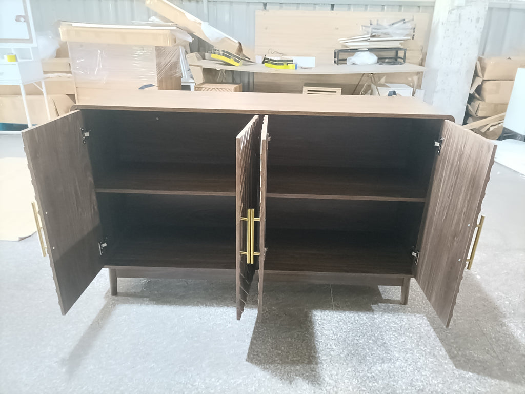 Interior view of walnut sideboard with doors open, revealing adjustable shelves for versatile storage in a modern dining space.