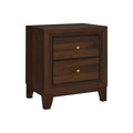Traditional walnut nightstand with two spacious drawers and small gold knobs, featuring tapered legs and frame detailing.