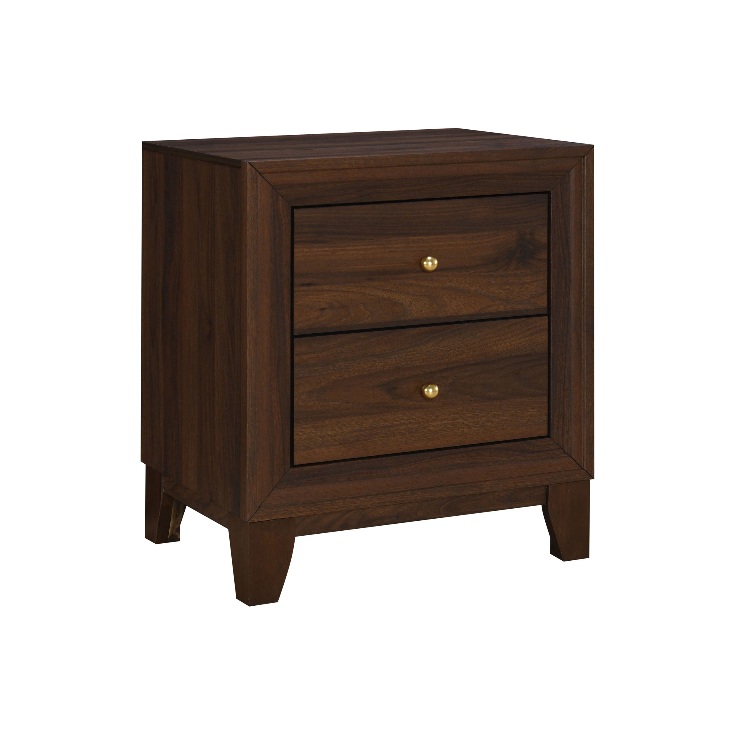 Traditional walnut nightstand with two spacious drawers and small gold knobs, featuring tapered legs and frame detailing.