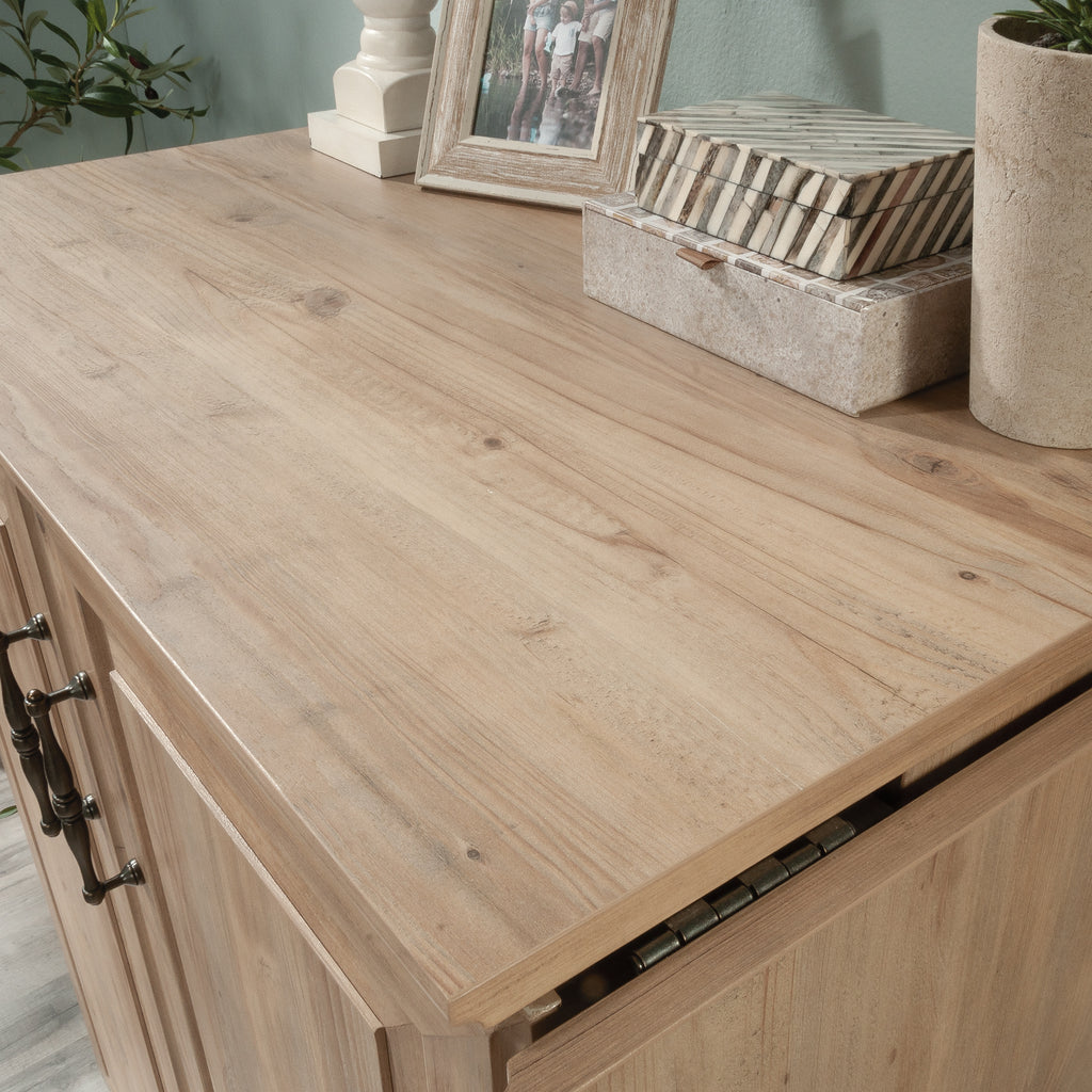 Top surface of Craft Cart with Storage for Home showcasing brown wood finish, ideal for crafting or decorative display.