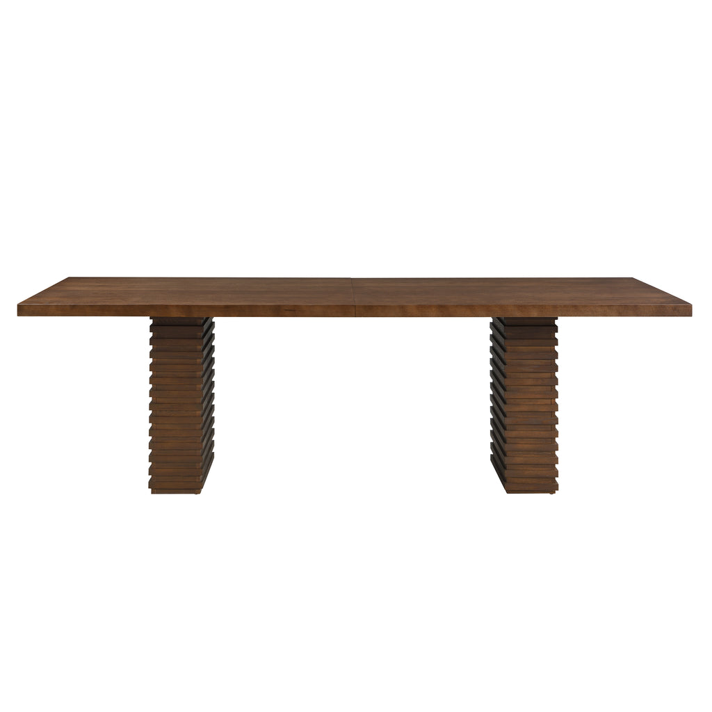 Walnut Dining Table 95 Inch - Solid Wood | Seats 8, front view highlighting symmetrical dual pedestal base and wide tabletop.