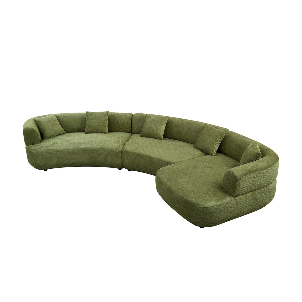 155.91 inch Curved Green Sectional Sofa with 5 Pillows.
