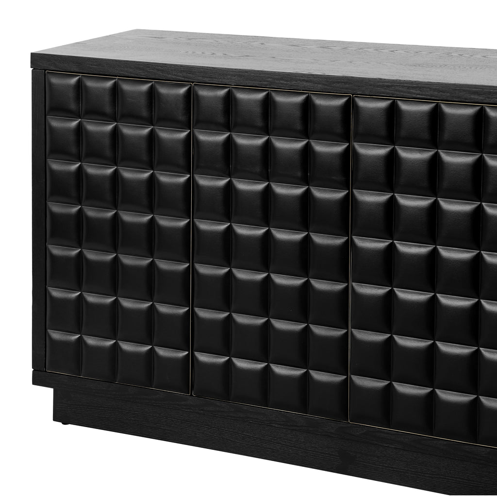 Detailed view of 3D geometric door panels and metal trim on the 4-Door Storage Cabinet, highlighting modern design.