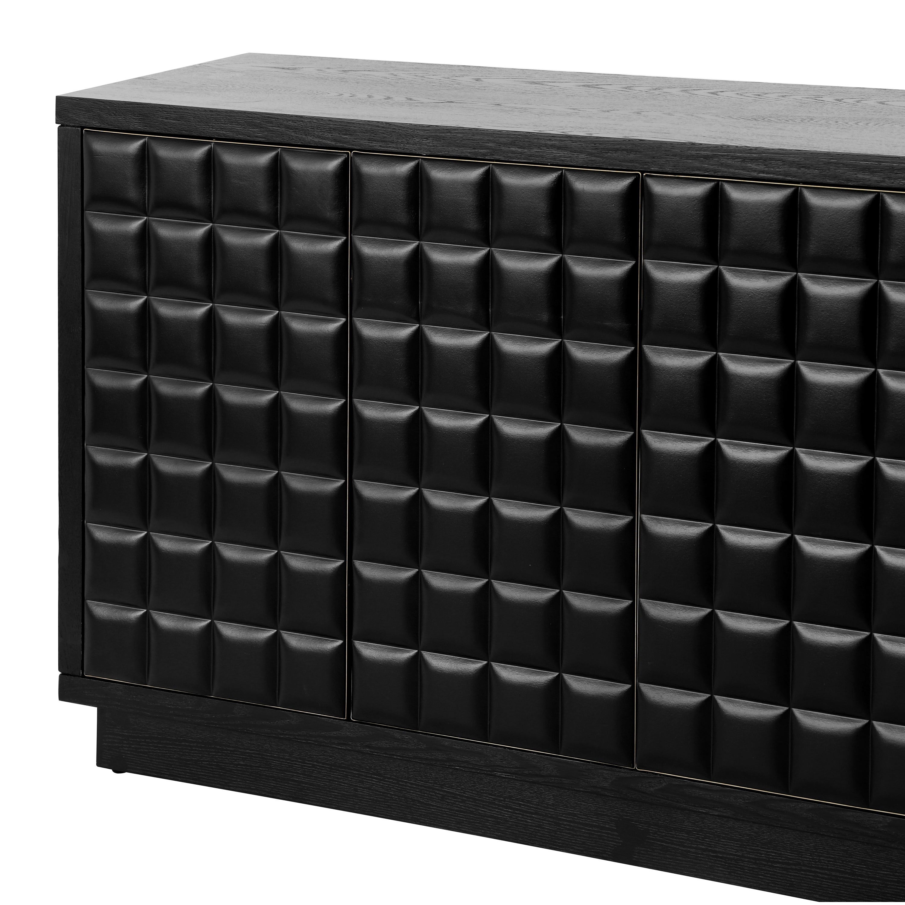 Detailed view of 3D geometric door panels and metal trim on the 4-Door Storage Cabinet, highlighting modern design.