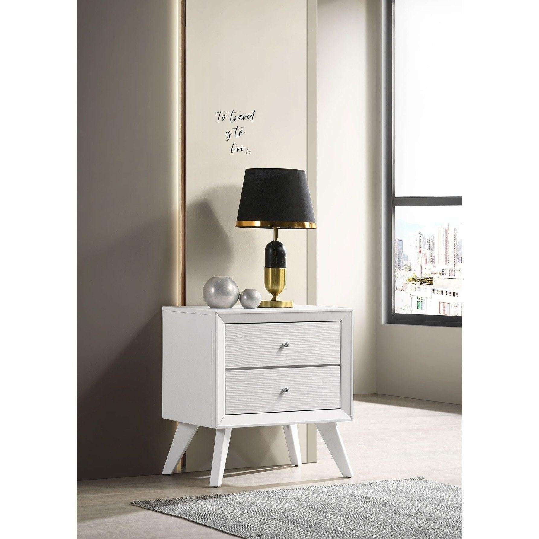 White Queen Size Bed Set with Wave Texture & Nightstands.