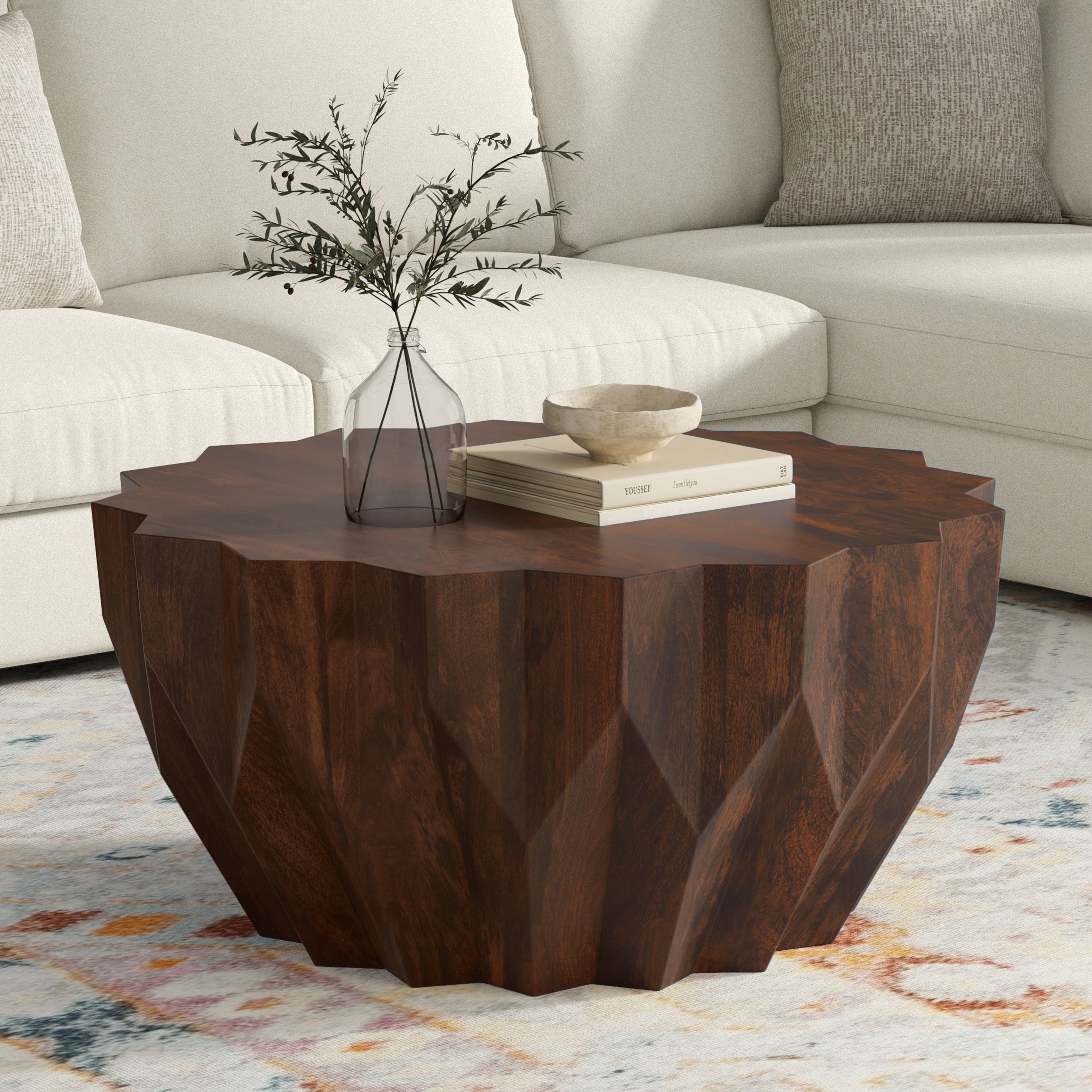 Turnbull Coffee Table - Walnut Wood in living room setting with geometric edges and round shape, no assembly needed.
