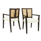 Mid Century Dining Chair Set with Rattan Backrest featuring dark wood frame and cream cushion, ideal for modern dining spaces.