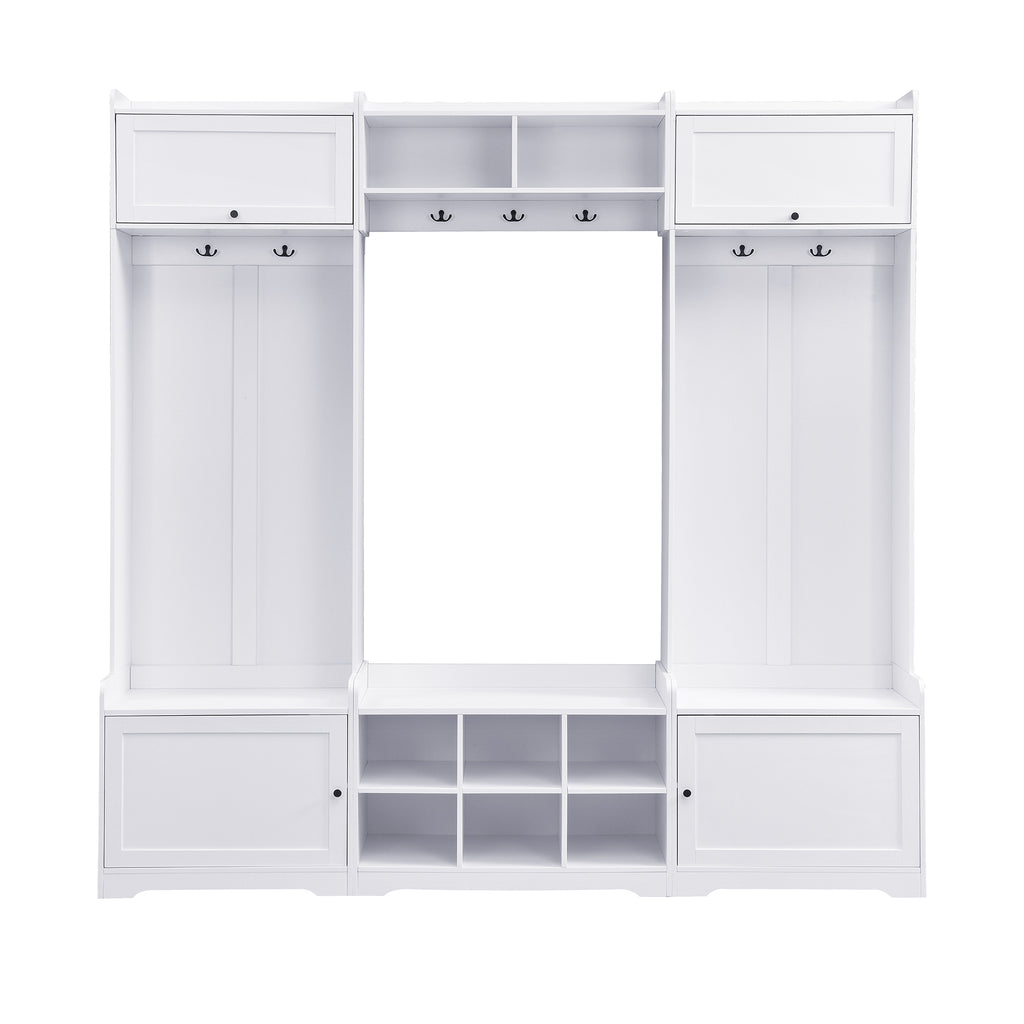Modern white hall tree with multiple coat hooks, overhead storage, shoe cubbies, and side cabinets on a white background.