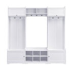 Modern white hall tree with multiple coat hooks, overhead storage, shoe cubbies, and side cabinets on a white background.