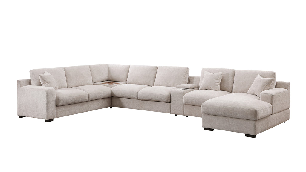 Wide view of 6-seater beige chenille sectional sofa with chaise, cupholders, and USB ports for modern living spaces.
