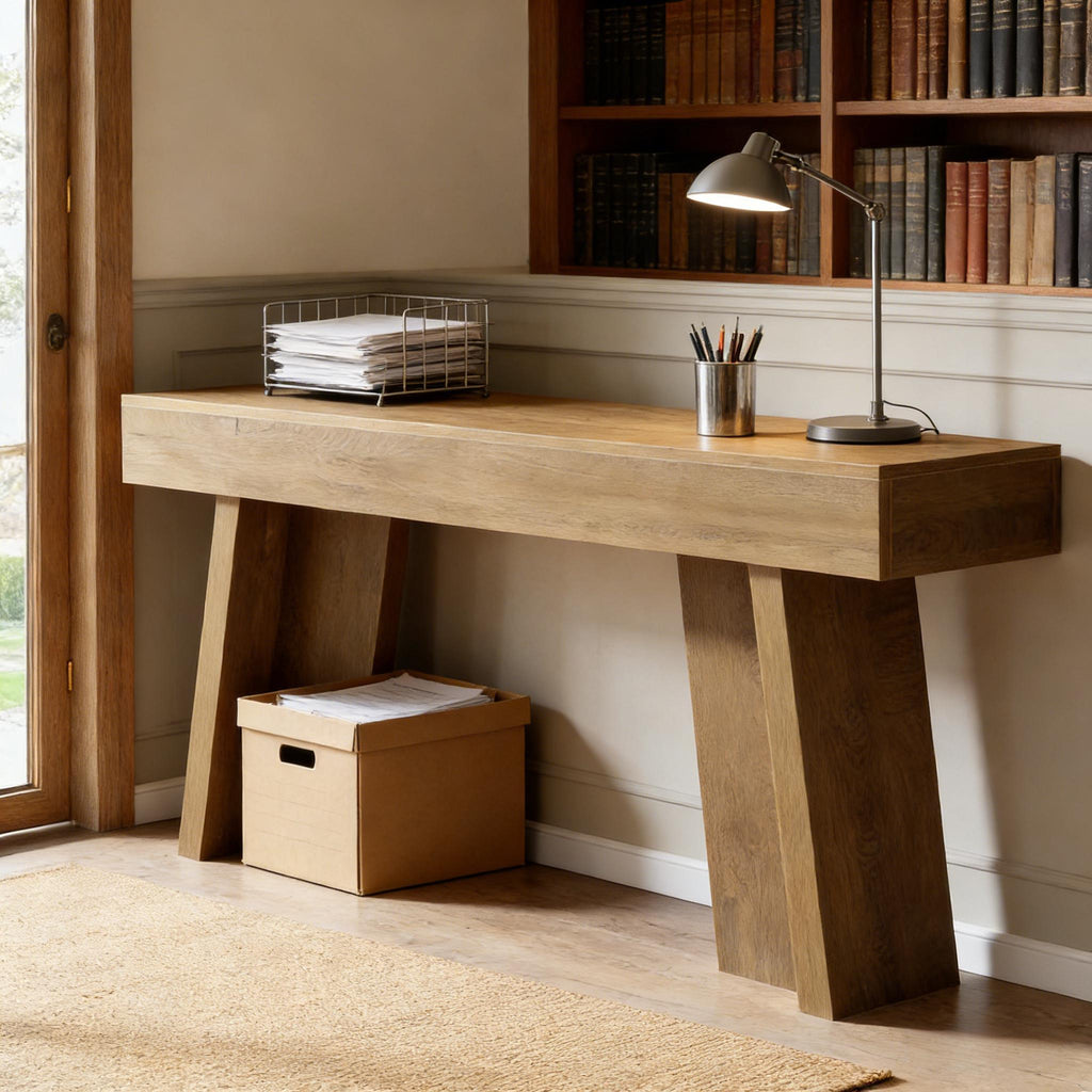 Rustic wooden console table with a thick top and angled block legs, styled as a minimalist entryway or sofa desk.