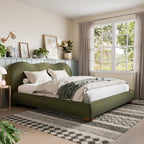 Olive Green Queen Size Bed with Boucle Upholstery.