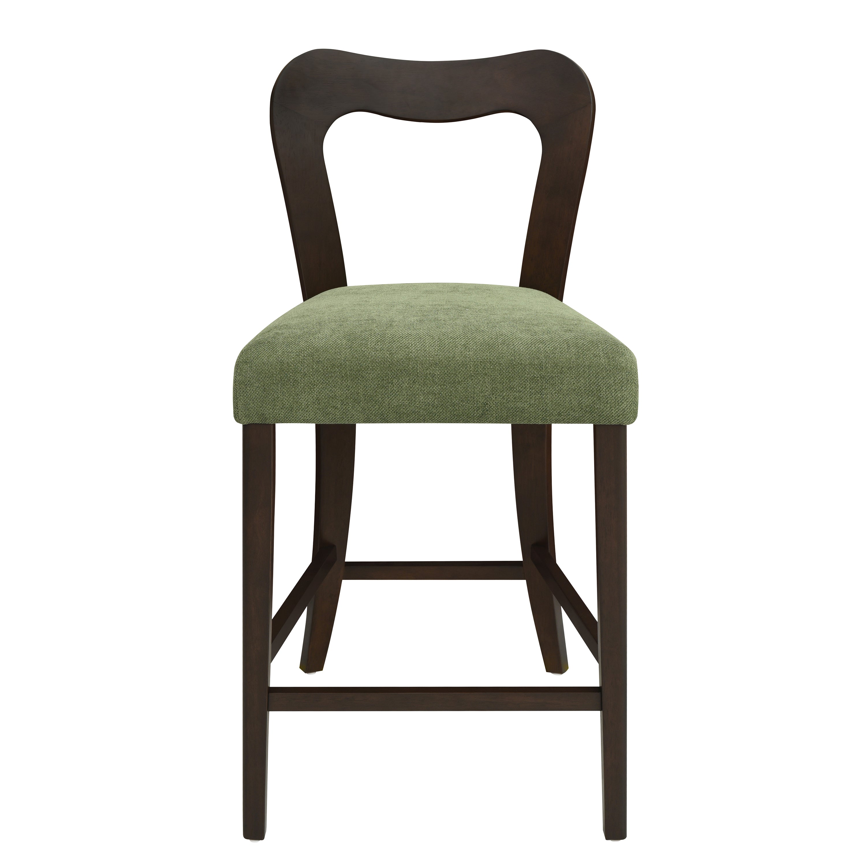 Front view of a rubberwood counter stool with green cushioned seat and dark brown wood frame. Ergonomic and stylish kitchen seating.